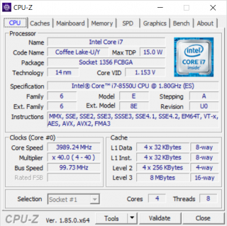 CPU-Z, údaje o procesoru.