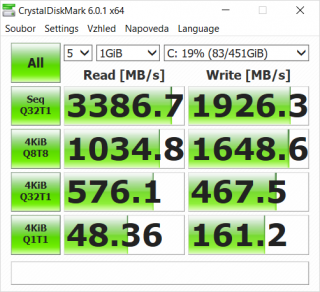 CrystalDiskMark, výkon SSD disku.