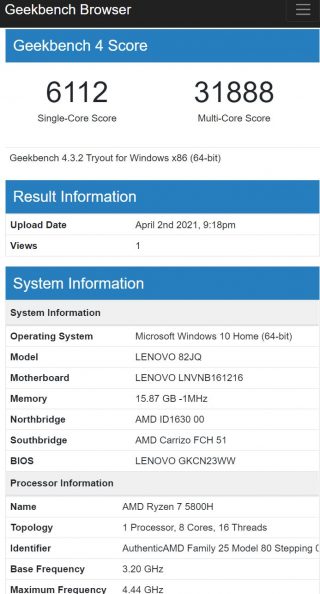 Legion5pro GeekBenchCPU